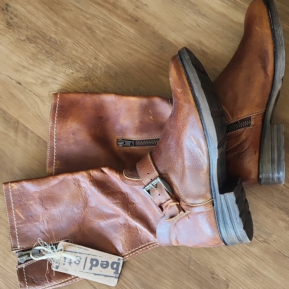 BED|STU Brown Leather Boots Size 8.5 With Wide Calf Top Zipper